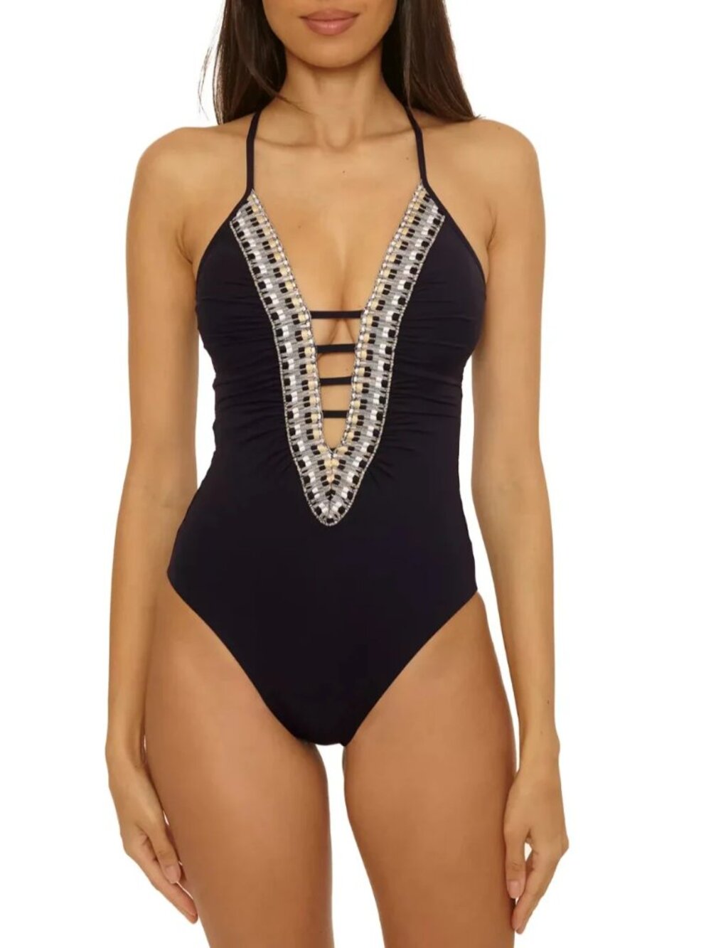 Becca Swim Fiesta Plunge One Piece in Black sizes Small & Medium
